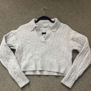 Aritzia Light Gray Cable Knit V-Neck Sweater